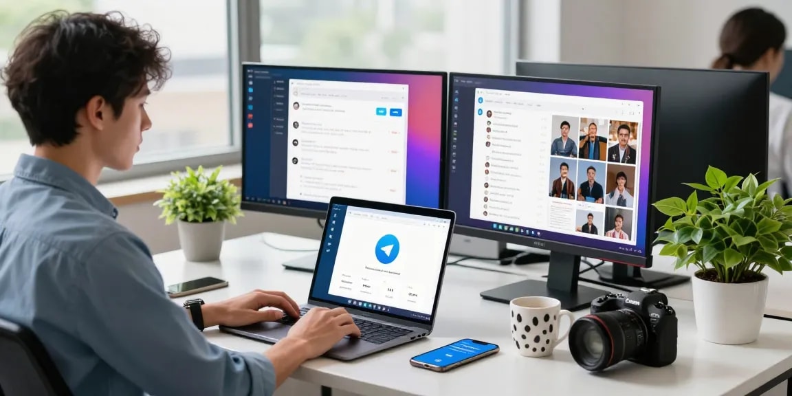 Exploring Telegram Download interface on a laptop in a modern tech workspace.