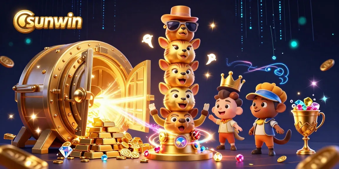 Experience the vibrant sunwin casino world with a totem pole centerpiece and treasure vault bursting with gems.