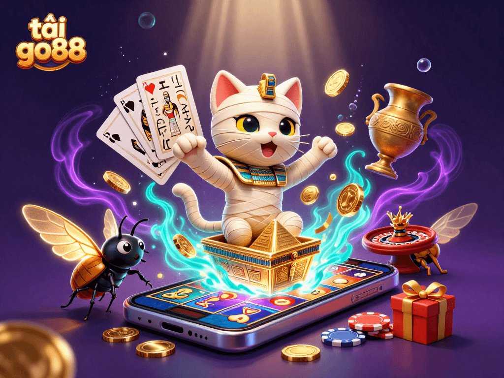 Experience the excitement of tải go88 with vibrant casino elements and 3D characters in a dynamic illustration.
