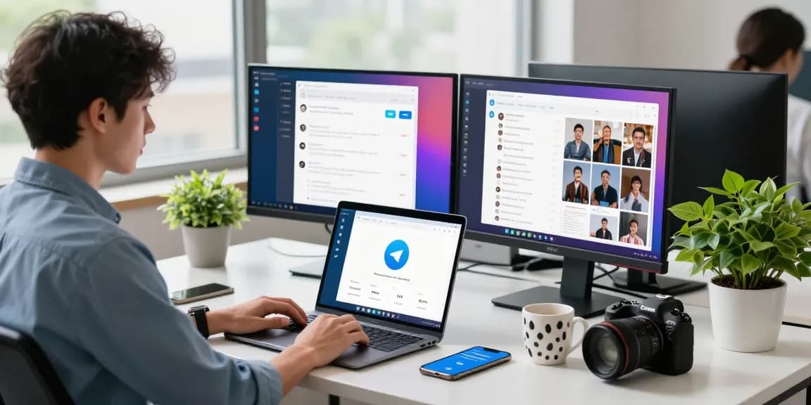 Exploring Telegram Download interface on a laptop in a modern tech workspace.