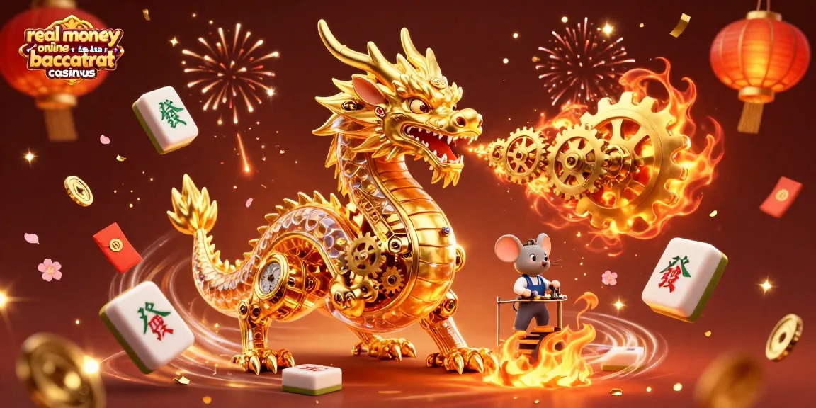 Experience thrilling real money online baccarat casinous action with a golden dragon and festive elements.