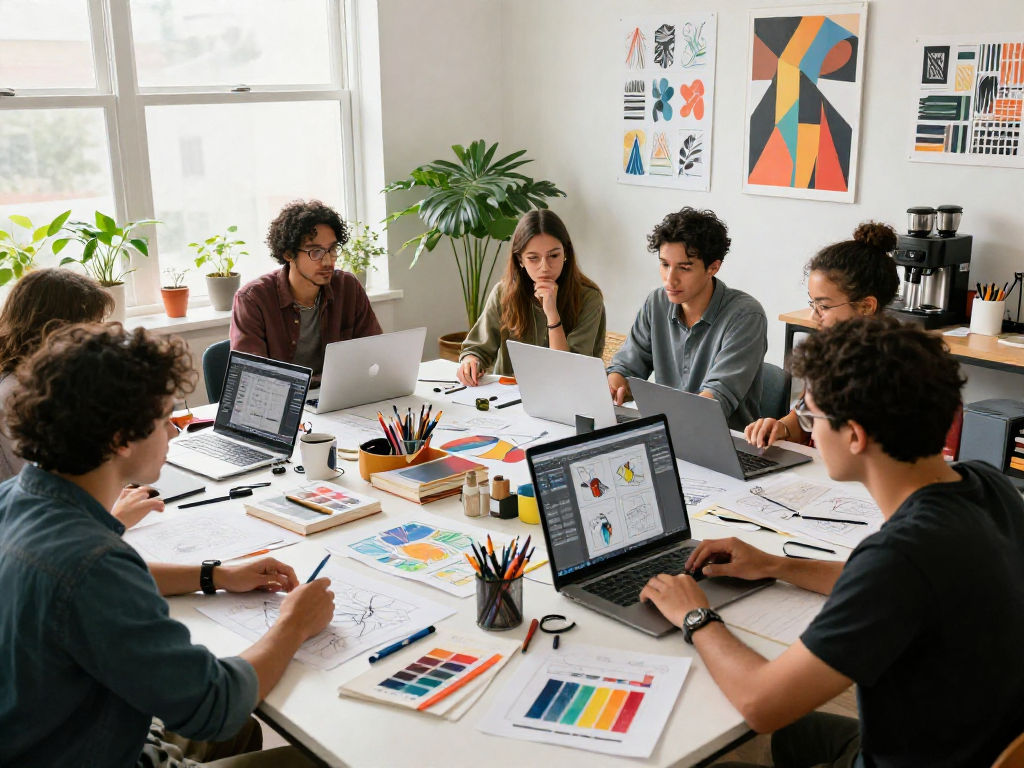 A vibrant design workspace with a diverse team collaborating on creative projects, showcasing tools and trends to inspire visual artists, featuring rokok88 link daftar.