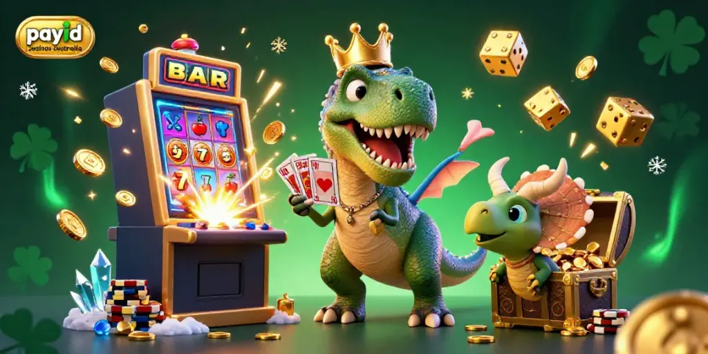 Experience the excitement of payid casinos australia with a lively T-Rex shuffling cards and vibrant slot machines.