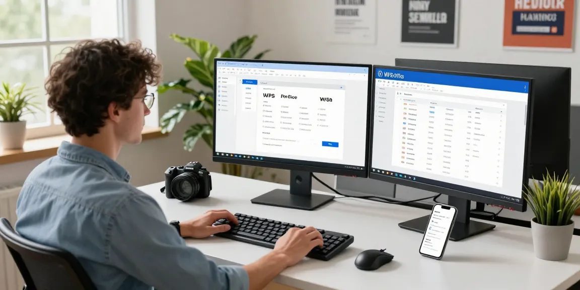 Download WPS Office showcased in a modern workspace with dual monitors and vibrant productivity atmosphere.