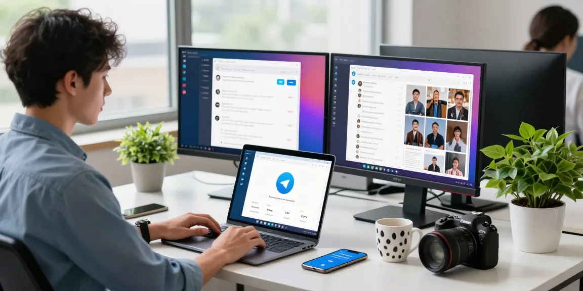 Exploring Telegram Download interface on a laptop in a modern tech workspace.