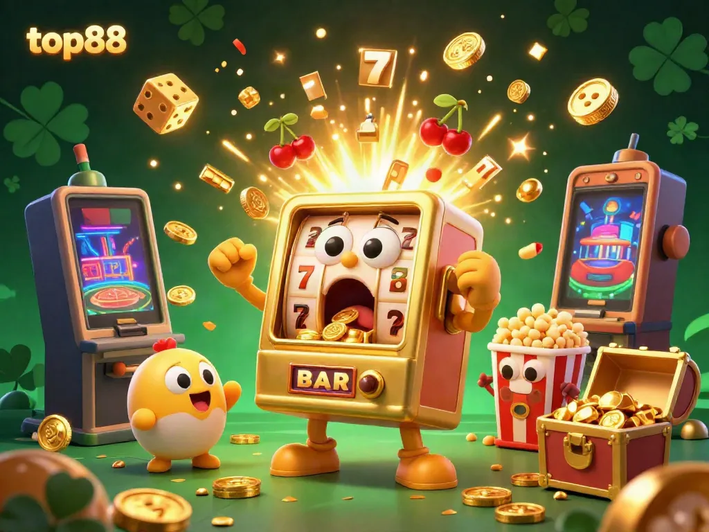 Engage with top88 and witness a joyful golden slot machine celebrating a jackpot amidst vibrant casino elements.