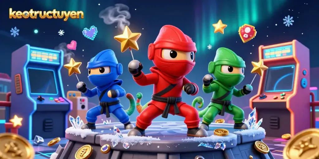 Engage in thrilling gaming action with keotructuyen's stunning 3D illustration featuring chameleon ninjas and dynamic casino elements.