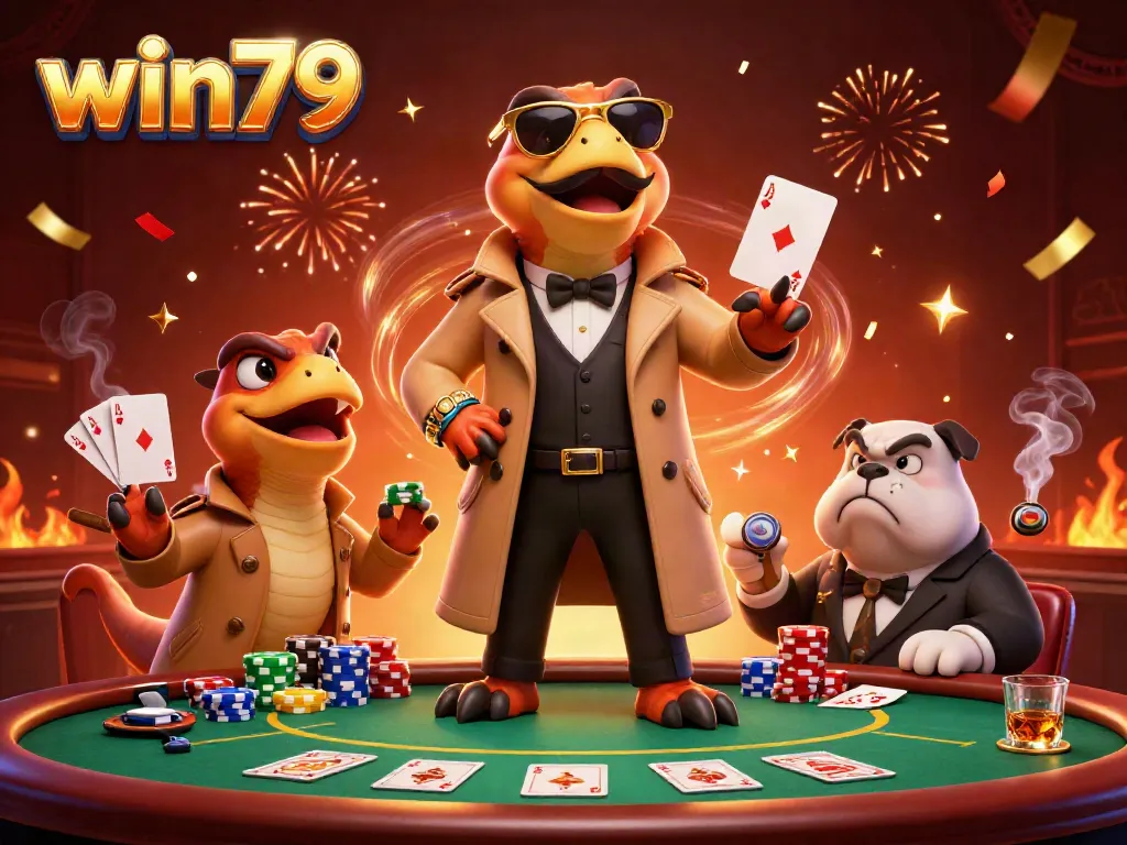 Three cartoon raptors in a trench coat enter a VIP casino lounge, showcasing win79 excitement.
