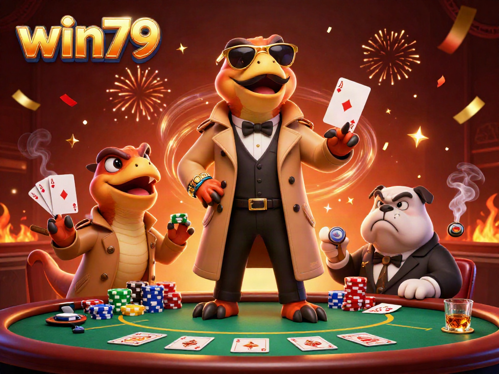 Three cartoon raptors in a trench coat enter a VIP casino lounge, showcasing win79 excitement.