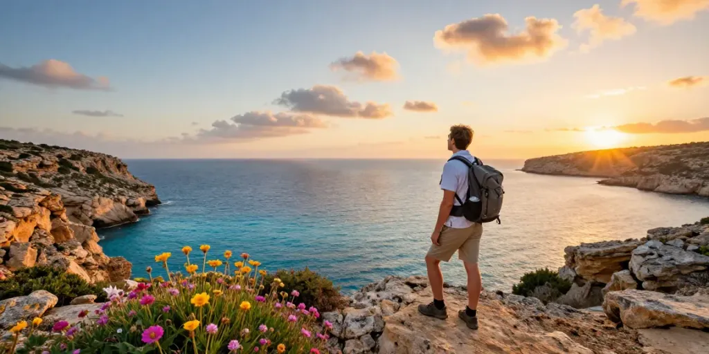 Traveler enjoying a Malta Gozo tour at a scenic coastal viewpoint during sunset.