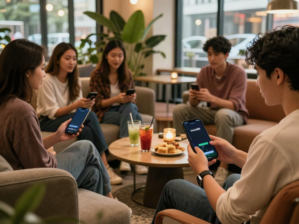 Social lounge scene with young adults enjoying rokok88 platform on smartphone amidst cozy ambiance.