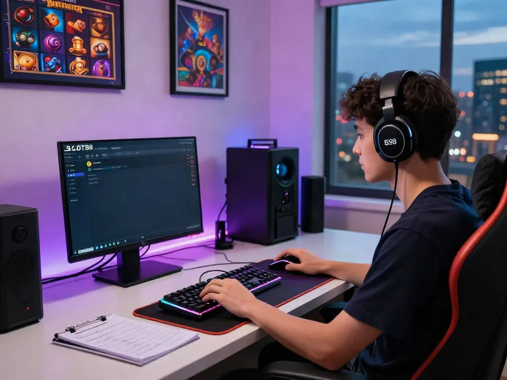 Engaging scene of a gamer focused on the SLOT88 interface in a vibrant gaming room.