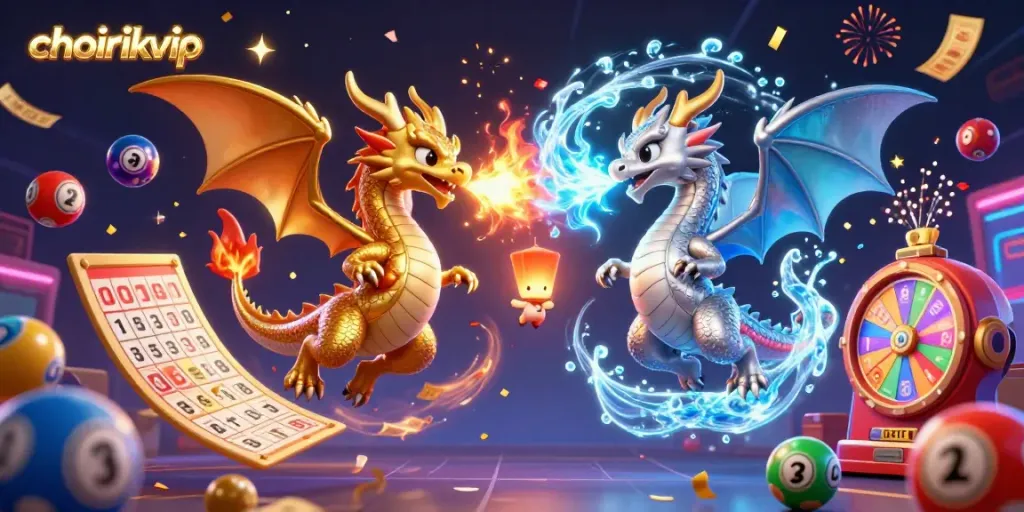 Experience thrilling wins with choirikvip in a vibrant 3D casino scene featuring beautiful dragons and lottery elements.