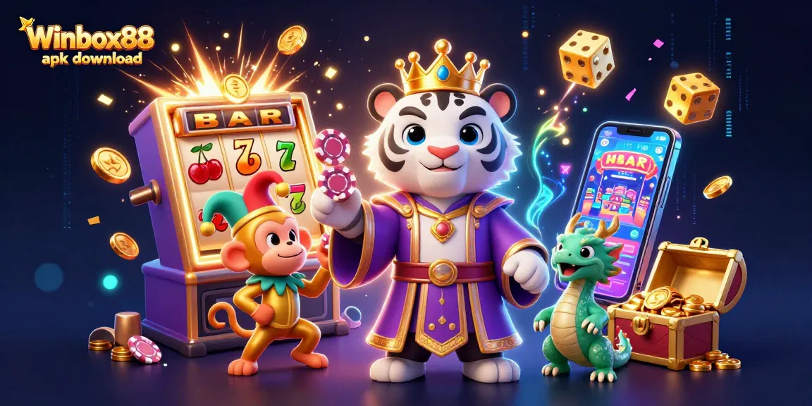 Experience Winbox88 apk download with a vibrant illustration showcasing casino excitement and animated characters.